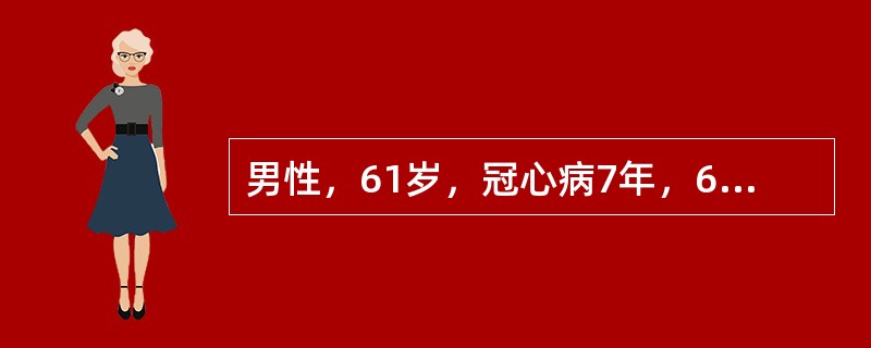 男性，61岁，冠心病7年，6小时前胸骨后剧痛，为压榨性，并向左臂放射，先后含硝酸甘油2次，疼痛稍缓解，烦躁不安，出汗。查体：急性痛苦面容，体温36.5℃，血压100/70mmHg，脉率100次/分，心