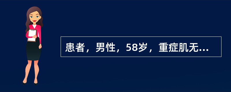 患者，男性，58岁，重症肌无力（MG），病变累及眼外直肌，有眼睑下垂和复视症状。平时每日服用吡斯的明660mg和泼尼松20mg，分次口服。术前检查肺活量实测值/预计值为50％，FEV1/FVC 80％