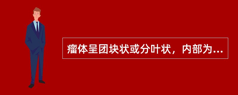 瘤体呈团块状或分叶状，内部为不均匀性低回声，中心部可见不规则的斑点样强回声（　　）。