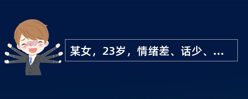 某女，23岁，情绪差、话少、活动少一个月。精神检查发现，表情苦闷，愁眉苦脸，称对平时爱好的活动也觉乏味，感觉度日如年，觉头脑迟钝，记忆力下降，注意力不集中，自我评价低，感觉自己是家人和社会的负担，活动