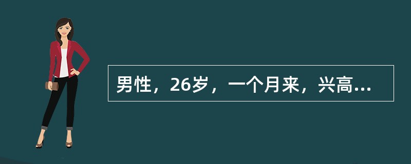 男性，26岁，一个月来，兴高采烈，话多，自觉思维敏捷，“脑子特别灵活”，“自己有超人才能”，整日忙碌不停，精力旺盛，爱表现自己，举止轻浮，好接近异性，食欲亢进，体重减轻，睡眠减少，无疲倦感。该患者治疗