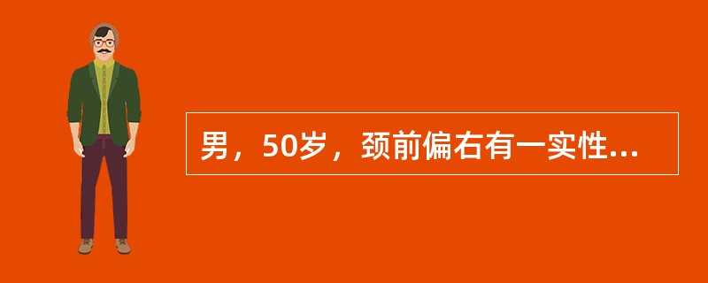 男，50岁，颈前偏右有一实性结节，质硬。2周后发现声音嘶哑，超声显示：甲状腺右叶单发，境界不清，低回声结节，内有细点状强回声，伴有右颈部淋巴结肿大，最可能的诊断是（　　）。