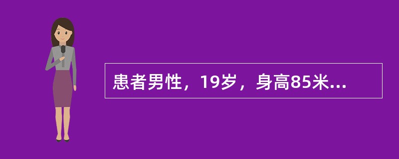 患者男性，19岁，身高85米，瘦长体形，有指征、腕征、眼睛高度近视、晶体脱位、心前区闷痛和气短。超声心动图表现为升主动脉内径明显扩张为54mm，主动脉弓35mm，降主动脉30mm，其内未见明显夹层分离