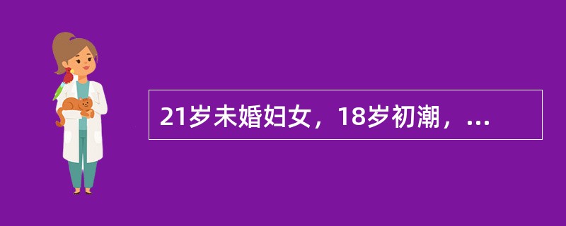 21岁未婚妇女，18岁初潮，量少，3～6个月一次，末次月经8个月前，经量更少。追问病史，不食肥肉，每日饭量100～150g及少量蔬菜。查体：形体消瘦，乳房发育尚可，阴毛稀少，外阴未婚式。肛查：子宫略小