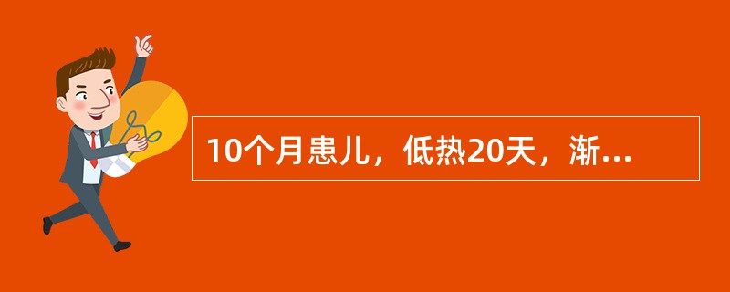 10个月患儿，低热20天，渐消瘦，近3天呕吐频繁，抽搐10余次，住院。体检：嗜睡，颈强直，布氏征（+），双则巴氏征（+）；脑脊液微混，白细胞330×106／L，多核＜单核，蛋白1g／L，糖36mmol