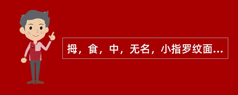 拇，食，中，无名，小指罗纹面，依次为脾，肝，心，肺。肾经穴。（）