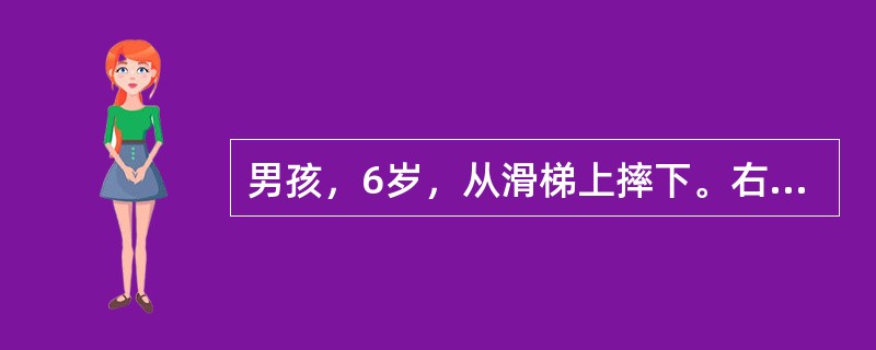 男孩，6岁，从滑梯上摔下。右手掌先着地，伤后右肘肿痛，不敢活动。X线拍片见右肱骨髁上骨折，远位骨折片向上方移位，其最易发生的并发症是（　　）。