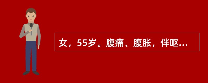 女，55岁。腹痛、腹胀，伴呕吐、肛门停止排气排便18小时来诊，查体：生命体征平稳，急性病容，眼窝凹陷，皮肤弹性差。全腹膨隆，可见肠型、蠕动波，腹中部压痛，未及反跳痛与肌紧张。肠鸣音活跃，有气过水声。血