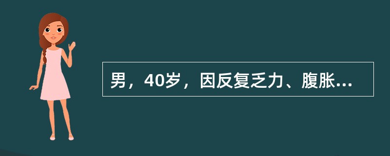 男，40岁，因反复乏力、腹胀、少尿2年，加重伴发热3天就诊。查体：T 38.5℃，巩膜黄染，肝掌，腹隆，移动性浊音（＋）。既往有乙型病毒性肝炎史20余年。腹部B超可见肝缩小，结节状，脾大，大量腹水门静