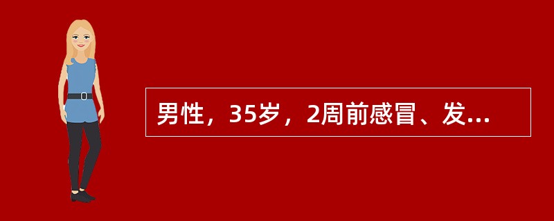 男性，35岁，2周前感冒、发热、咳嗽，1周前自愈。近日感胸闷、气短、间断呕吐。体检：心尖区第一心音减弱，2～3/6级收缩期吹风样杂音，心律整齐，心率100次/分。胸部后前位片正常。血常规白细胞10×1