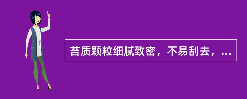 苔质颗粒细腻致密，不易刮去，上有黏液，称为（　　）。