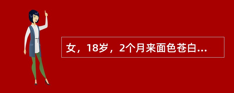 女，18岁，2个月来面色苍白、月经过多，肝、脾未触及，血红蛋白70g/L，白细胞计数2.9×109/L，血小板计数51×109/L。分别在髂前及髂后上棘骨髓穿剌未取得骨髓；胸骨骨髓穿刺涂片显示骨髓增生