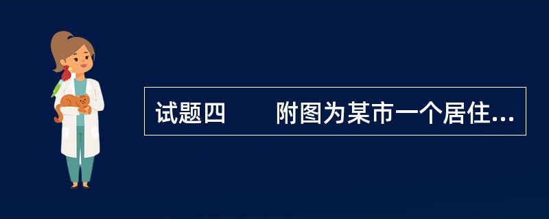 试题四　　附图为某市一个居住区组团规划方案，规划用地9万m2，规划住宅户数800户，人口约3000人。该地块西、北临城市次干路，东南两侧为支路，在地块外西南角为现状行政办公用地，根据当地规划条件要求，