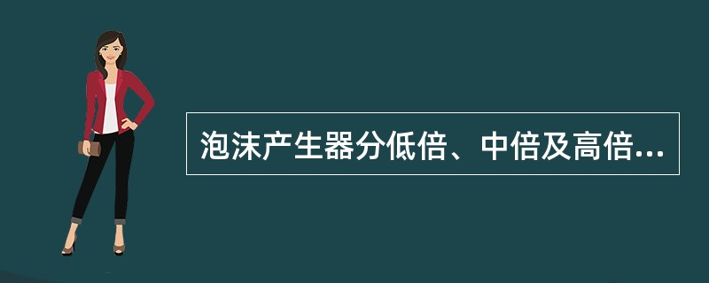 泡沫产生器分低倍、中倍及高倍三种类型。低倍泡沫产生器又分液上、液下两种，主要用于扑灭油罐火灾；中、高倍泡沫产生器多用于扑灭A类物质火灾、可燃易燃液体及液化石油气、天然气的流淌性火灾。