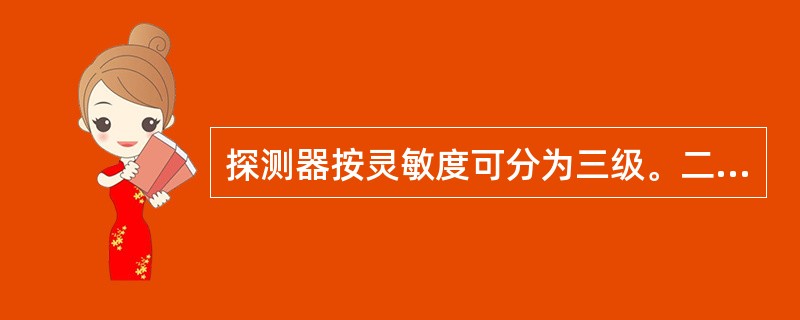 探测器按灵敏度可分为三级。二级灵敏度的探测器用于一般客房、宿舍、办公室等是（）。