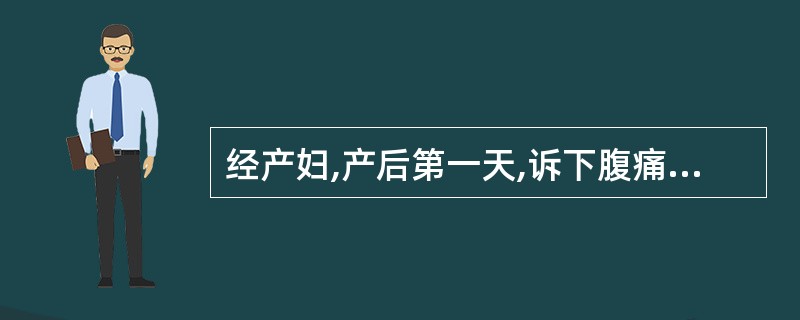 经产妇,产后第一天,诉下腹痛。查有低热,出汗,咽部充血,无恶心呕吐、腹泻,脐下二