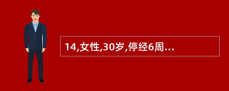 14,女性,30岁,停经6周开始有厌食,恶心,1周后呕吐频繁,不能进食,近2天饮