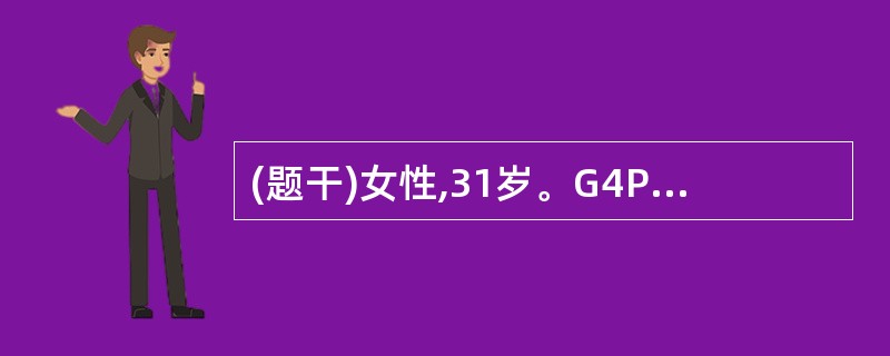 (题干)女性,31岁。G4P1,26周妊娠,第一、二胎行人工流产,前次剖宫产新生