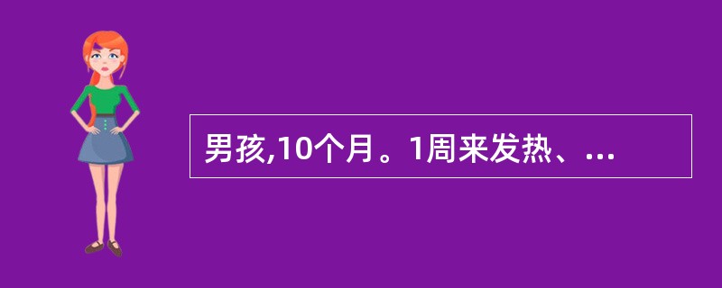 男孩,10个月。1周来发热、咳嗽伴腹泻、呕吐,每天10余次,伴有嗜睡,继而出现全