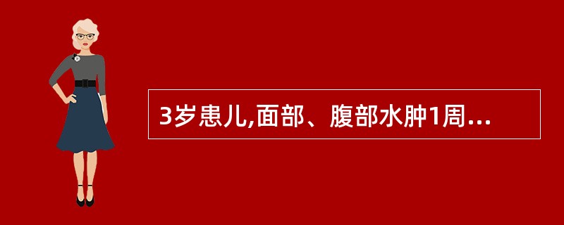 3岁患儿,面部、腹部水肿1周。体检:血压100£¯60mmHg,颜面及下肢水肿(