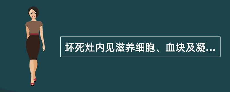 坏死灶内见滋养细胞、血块及凝固性坏死组织,未见绒毛结构: