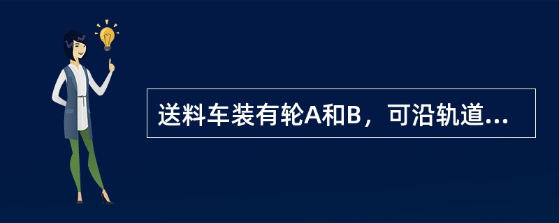 送料车装有轮A和B，可沿轨道CD移动，如图4-1-30所示。若装在铁铲中的物料重W＝15kN，它到送料竖直线OE的距离为5m，设每一轮到竖直线OE的距离各为1m。为使物料重不会导致送料车倾倒，则送料车