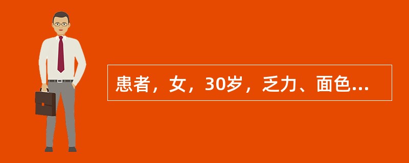 患者，女，30岁，乏力、面色苍白半年，皮肤淤斑、牙龈出血2天。平时月经量多，体检发现子宫肌瘤。有肝炎病史。血象：Hb72g/L，白细胞、血小板正常。骨髓增生活跃，红系增生明显，幼红细胞体积小，红细胞中