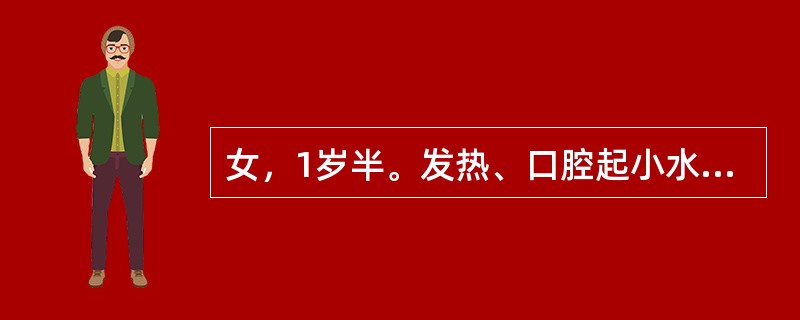 女，1岁半。发热、口腔起小水疱2天。2天前患儿发热、烦躁、夜间啼哭，昨日拒食、流涎，今晨患儿口内黏膜上有小水疱，立即来院就诊。检查：体温38℃，双颊、舌、牙龈黏膜充血水肿，有成簇的小水疱，透明，少数水