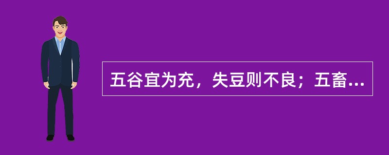 五谷宜为充，失豆则不良；五畜适为益，过则害非浅；五菜常为养，新鲜绿黄红；五果当为主，力求多无数；气味合则服，尤当忌偏独；饮食贵有节，切切勿使过。（）