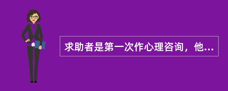 求助者是第一次作心理咨询，他看到咨询室大约十五六平方米，室内摆设只有两张沙发，中间有一茶几。上面有录音机、鲜花和纸巾盒。在沙发的对面墙上有“告别痛苦，迎来快乐”、“幸福是自己创造的”、“摆脱烦恼，塑造