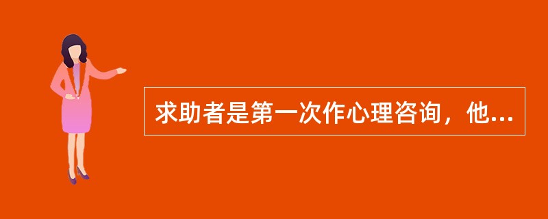 求助者是第一次作心理咨询，他看到咨询室大约十五六平方米，室内摆设只有两张沙发，中间有一茶几。上面有录音机、鲜花和纸巾盒。在沙发的对面墙上有“告别痛苦，迎来快乐”、“幸福是自己创造的”、“摆脱烦恼，塑造