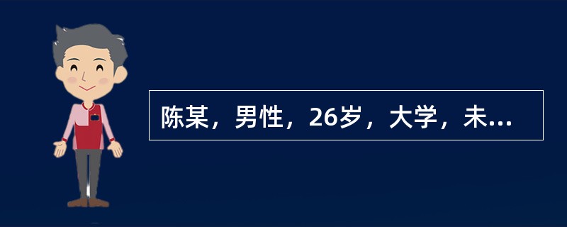 陈某，男性，26岁，大学，未婚，某公司高级主管。自我陈述:2年前参加工作，因平时工作表现出色，深受领导赏识，一年前被提拔为公司高级主管，具体负责业务方面的工作，当上公司业务主管后不久，市场行情发生了很
