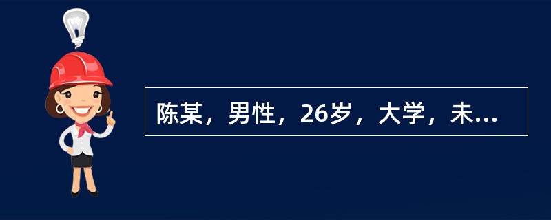 陈某，男性，26岁，大学，未婚，某公司高级主管。自我陈述:2年前参加工作，因平时工作表现出色，深受领导赏识，一年前被提拔为公司高级主管，具体负责业务方面的工作，当上公司业务主管后不久，市场行情发生了很