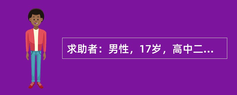 求助者：男性，17岁，高中二年级学生。 </p><p>案例介绍：求助者有一次上课迟到，着急地跑向自己的座位，不小心被绊倒并摔到一位女同学的身上，顿时引起同学哄堂大笑，