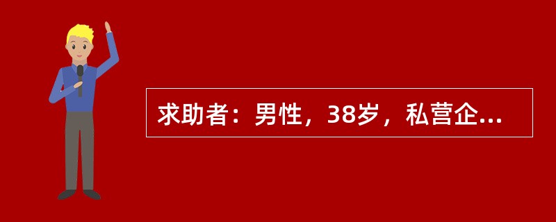 求助者：男性，38岁，私营企业总经理。 <br />案例介绍：一次，求助者到他儿子的学校开家长会，被老师当众批评，心烦.燥热，突然觉得透不过气来。胸闷.心慌，非常难受，认为自己得