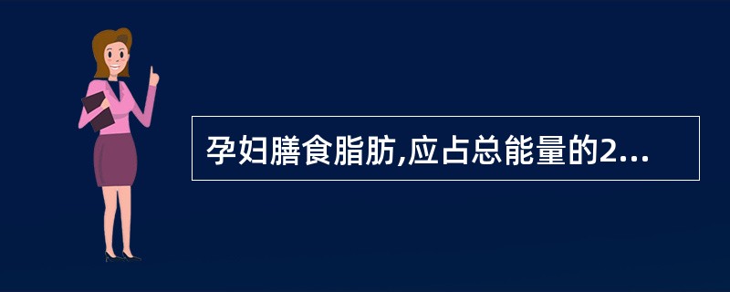 孕妇膳食脂肪,应占总能量的20—30%,其中饱和脂肪酸、单不饱和脂肪酸、多不饱和