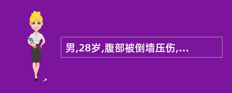 男,28岁,腹部被倒墙压伤,中腹部剧痛伴呕吐4小时。血压120£¯80mmHg,