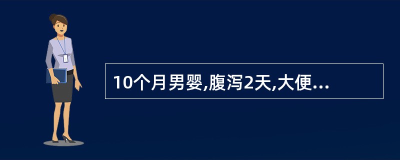 10个月男婴,腹泻2天,大便每日8~10次,蛋花汤样,精神萎靡,眼泪少,尿少,呼