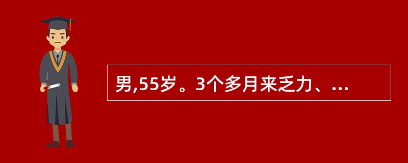 男,55岁。3个多月来乏力、面色苍白,体重下降6kg。既往体健。化验Hb60g£