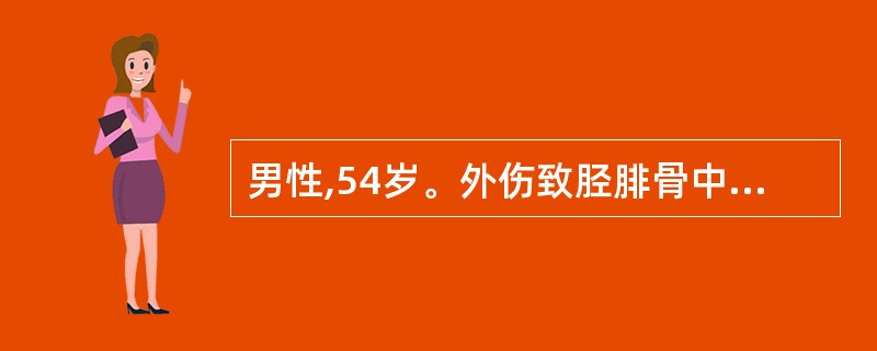 男性,54岁。外伤致胫腓骨中下1£¯3开放性骨折,经治疗3个月后,X线片复查见胫