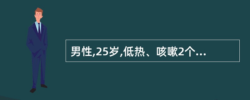 男性,25岁,低热、咳嗽2个月。X线胸片示右上叶后段2cm×2cm圆形阴影,边缘