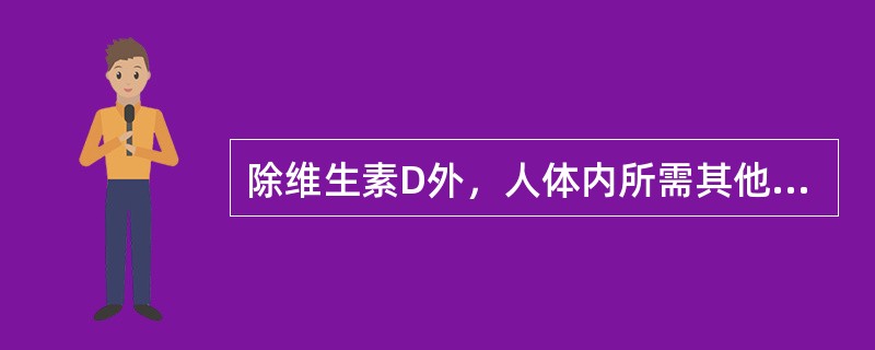 除维生素D外，人体内所需其他维生素，在人体内不能合成，只能从食物中摄取。（）