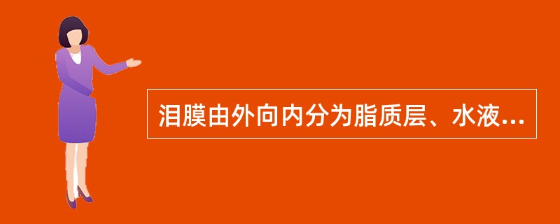 泪膜由外向内分为脂质层、水液层、粘蛋白层三层。（）