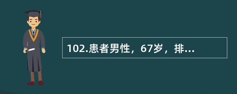 102.患者男性，67岁，排尿不畅1年，夜尿3次，伴尿频。无尿痛和肉眼血尿。否认糖尿病、高血压、脑血管意外病史。体检：体温36.6℃，脉搏88次／分，呼吸20次／分，血压130/80mmHg。尿动力检