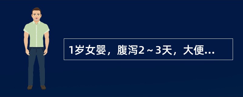 1岁女婴，腹泻2～3天，大便稀，6～7次／日，有时吐，小便量稍减少，体检：皮肤稍干，弹性可，眼窝前囟稍凹陷（）