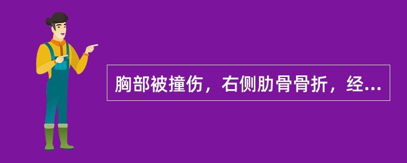 胸部被撞伤，右侧肋骨骨折，经胸部透视肺被压缩30％，右肋膈角消失，有胸痛、气急症状。首先应作