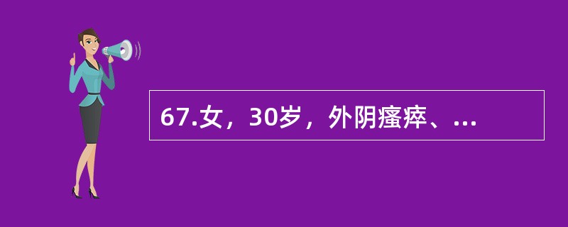 67.女，30岁，外阴瘙瘁、灼痛3天，来院就诊。妇科检查见多量白带呈稠厚豆渣样，小阴唇内侧附着有白色膜状物。最可能的诊断为（）