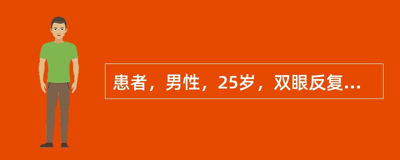 患者，男性，25岁，双眼反复视力下降3个月，加重1周，无头痛，无耳鸣，无畏光流泪。既往有反复的疼痛性口腔溃疡。检查：矫正视力VOU0.5，角膜透明，KP（-），房水Tynall（+），细胞（+），晶状