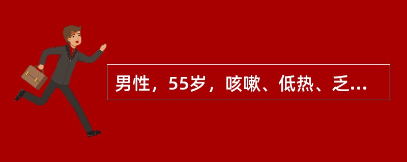 男性，55岁，咳嗽、低热、乏力2个月余，近1个月来咳嗽加重，伴少量脓痰，痰中带血丝，声嘶半个月，即往慢性支气管炎，1年前体检胸透双下肺纹理增多，余无异常，体检：左上肺呼吸音低，叩诊浊音，X线见左上肺大