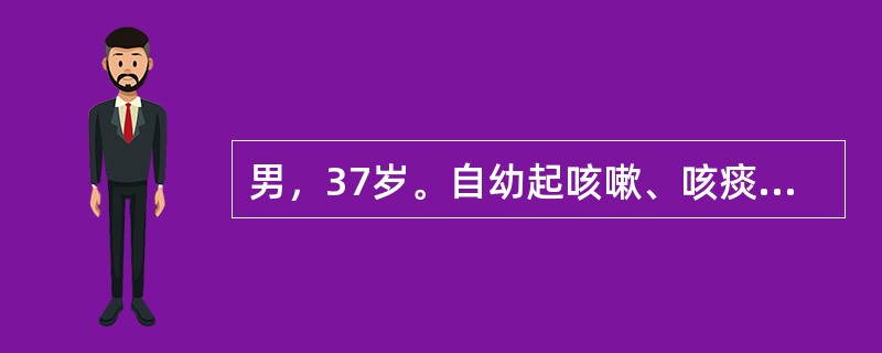 男，37岁。自幼起咳嗽、咳痰、喘息，多为受凉后发作，静滴“青霉素”可缓解，10～12岁无发作，20岁后又有1次大发作，发作时大汗淋漓、全身发紫、端坐不能平卧，肺部可闻及哮鸣音，静脉推注“氨茶碱、地塞米